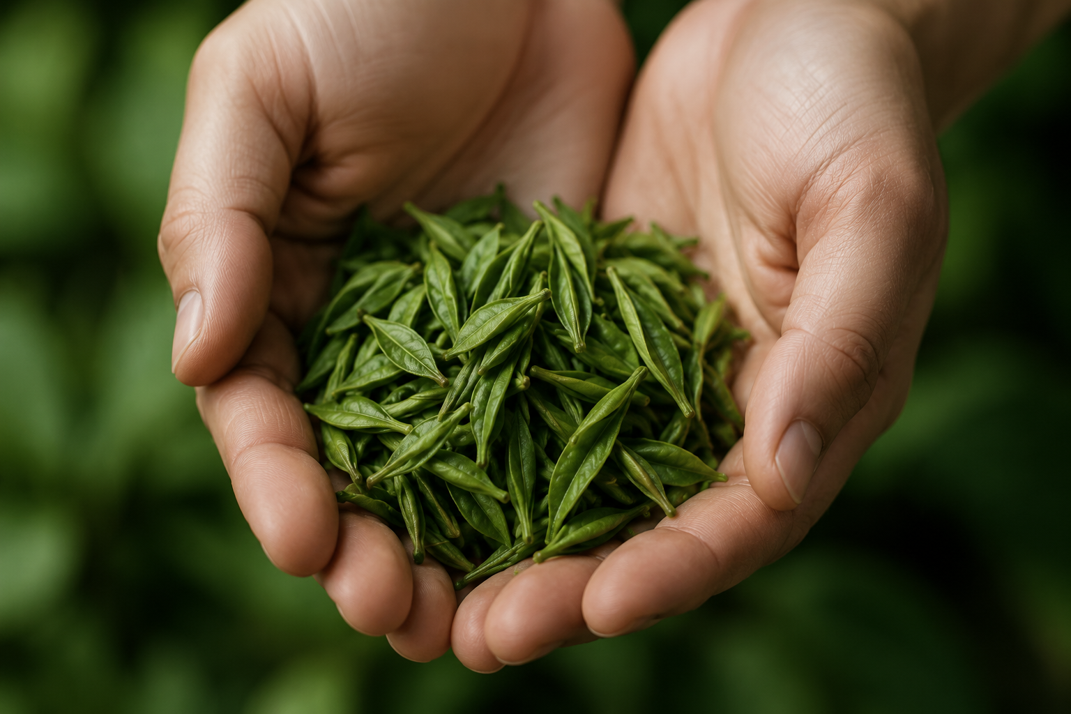Hands holding fresh tea leaves
